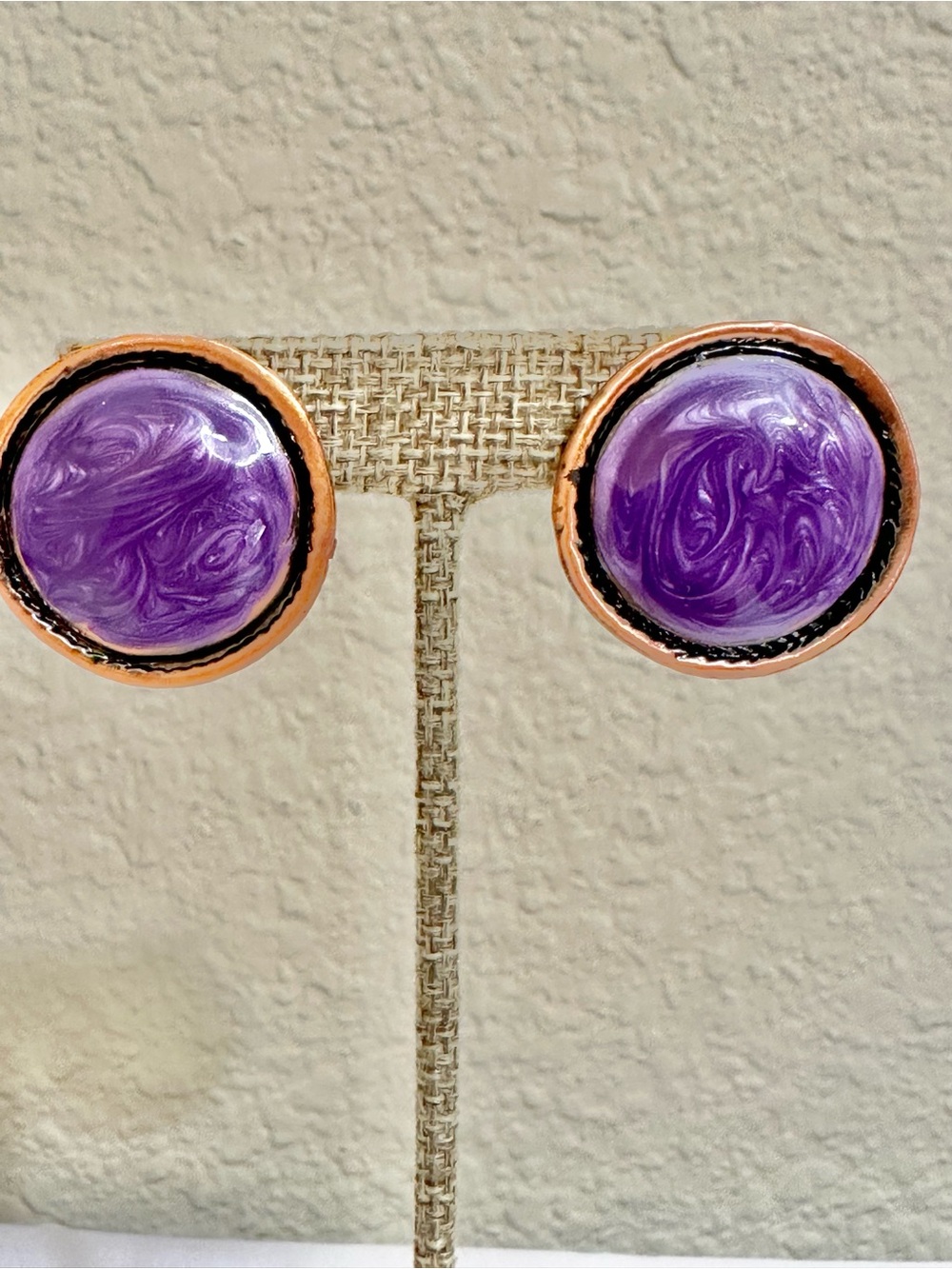 Vintage Copper-Tone Purple Swirl Round Stud Earrings